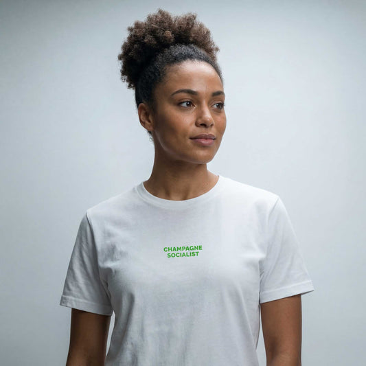 Woke Champagne Socialist black organic cotton t-shirt worn — lifestyle front view by Woke FC