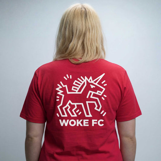 Back of red Woke United Against Racism organic cotton t-shirt with angry unicorn activist print