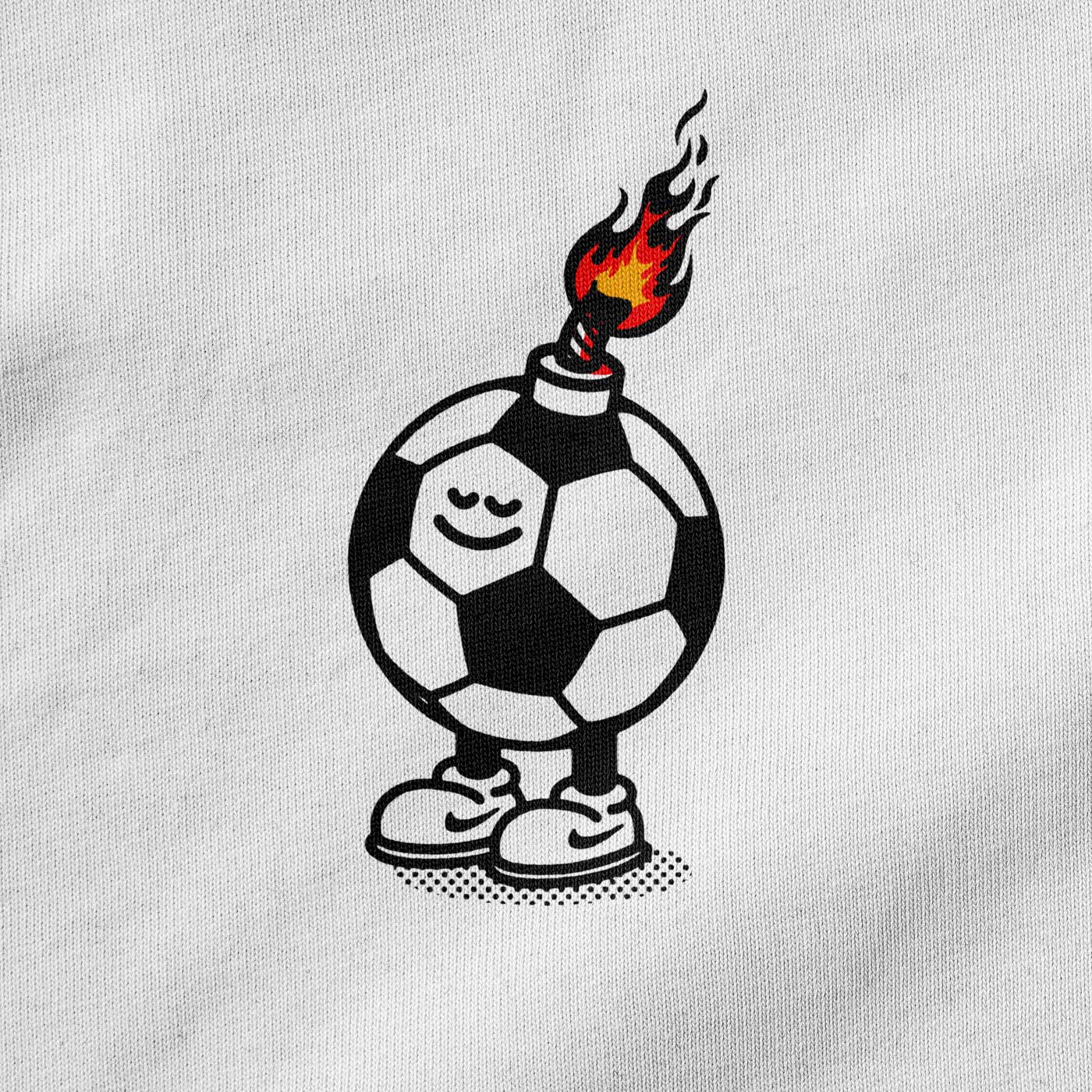 Close-up of flame ball graphic on Woke Angels white organic cotton t-shirt — Woke FC
