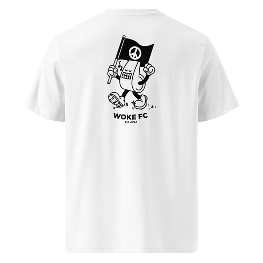 Woke marching Whistle organic cotton unisex tshirt by WOKE FC, football whistle graphic for fair play and justice