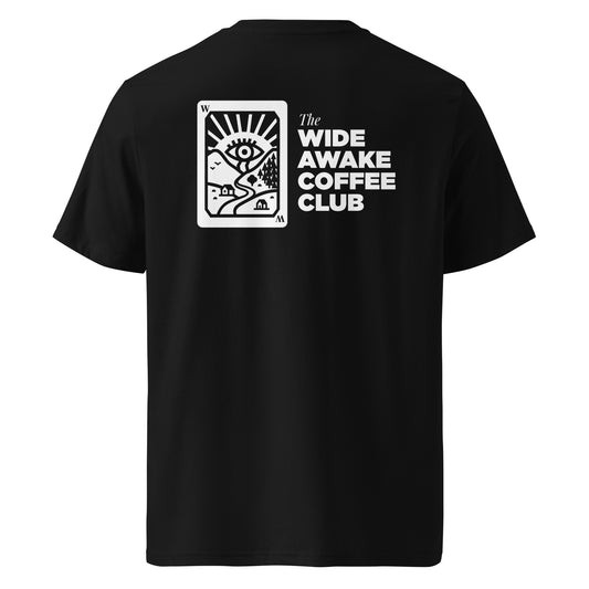 Back print of Wide Awake Coffee Club organic cotton t-shirt by WOKE FC