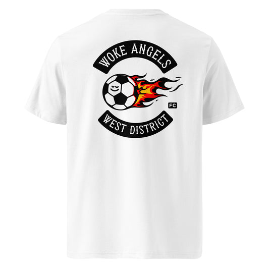Back print of Woke Angels organic cotton hells angels and football-inspired activist t-shirt