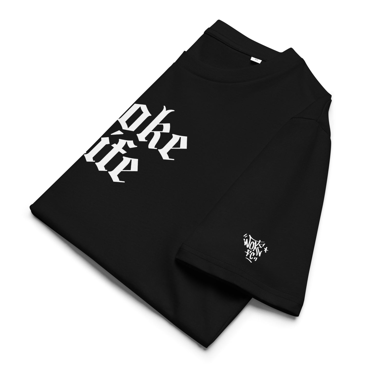 Close-up of Woke Life bold slogan and sleeve print on sustainable tee