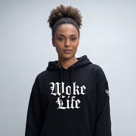 Woke Life black organic cotton hoodie by Woke FC — full product view
