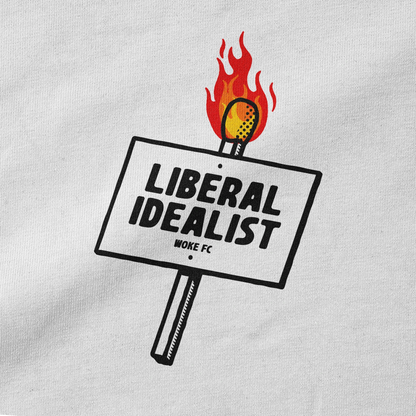 Close-up detail of Liberal Idealist graphic print on Woke FC organic cotton t-shirt