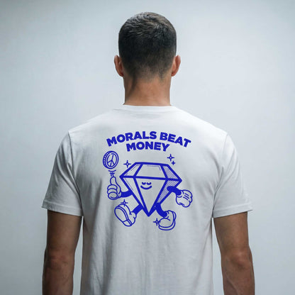 Back of Broke but Woke FC black organic cotton t-shirt showing Morals Beat Money print — Woke FC