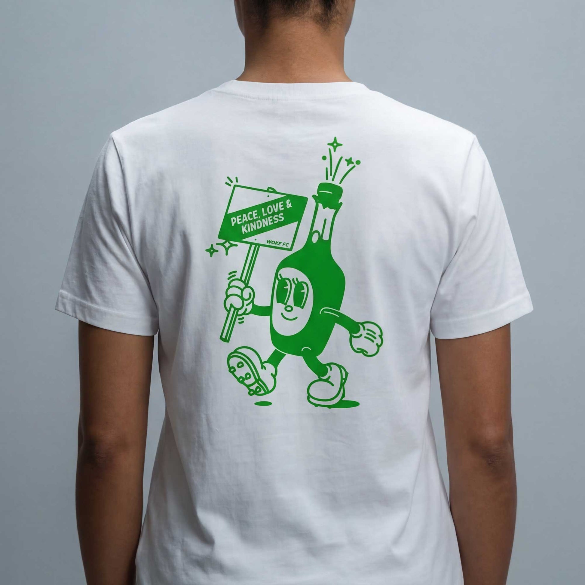 Woke Champagne Socialist organic cotton t-shirt worn — lifestyle back view showing rear print