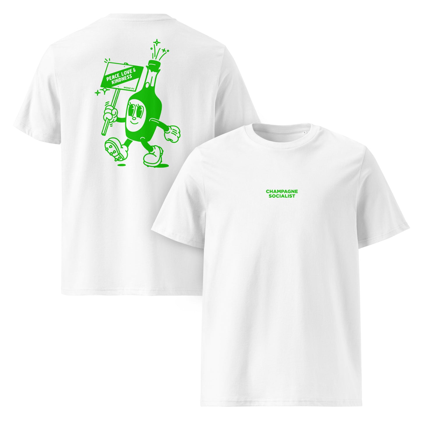 Black Woke Champagne Socialist organic cotton t-shirt by Woke FC — front and back double view