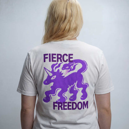 Fierce Freedom white organic cotton t-shirt by Woke FC — back view with unicorn and snake print