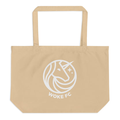 Large Woke FC unicorn organic cotton tote bag in oyster — front view