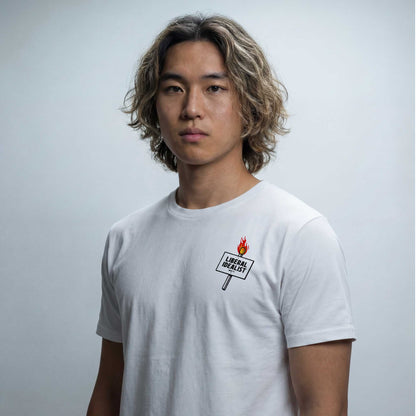 Woke FC Liberal Idealist organic cotton t-shirt worn — lifestyle shot by Woke FC