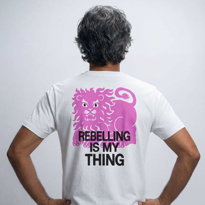 Rebelling is my Thing white organic cotton t-shirt by Woke FC — back view with lion print