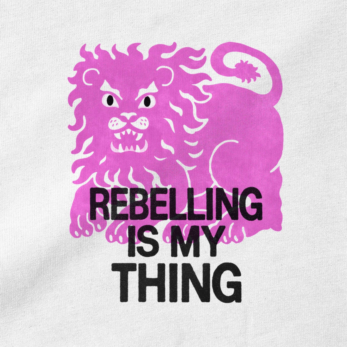 Close-up of proud lion graphic motif on Rebelling is my Thing organic cotton t-shirt — Woke FC