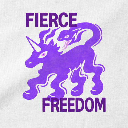 Close-up of unicorn and snake graphic motif on Fierce Freedom organic cotton t-shirt — Woke FC