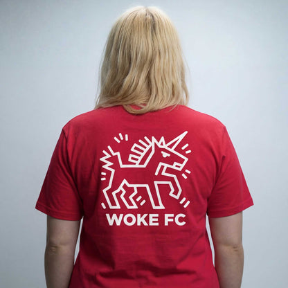 Back of red Woke United Against Racism organic cotton t-shirt with angry unicorn activist print