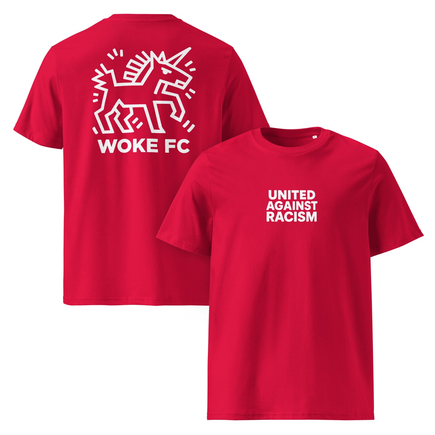 Red Woke United Against Racism organic cotton t-shirt by Woke FC — front and back double view