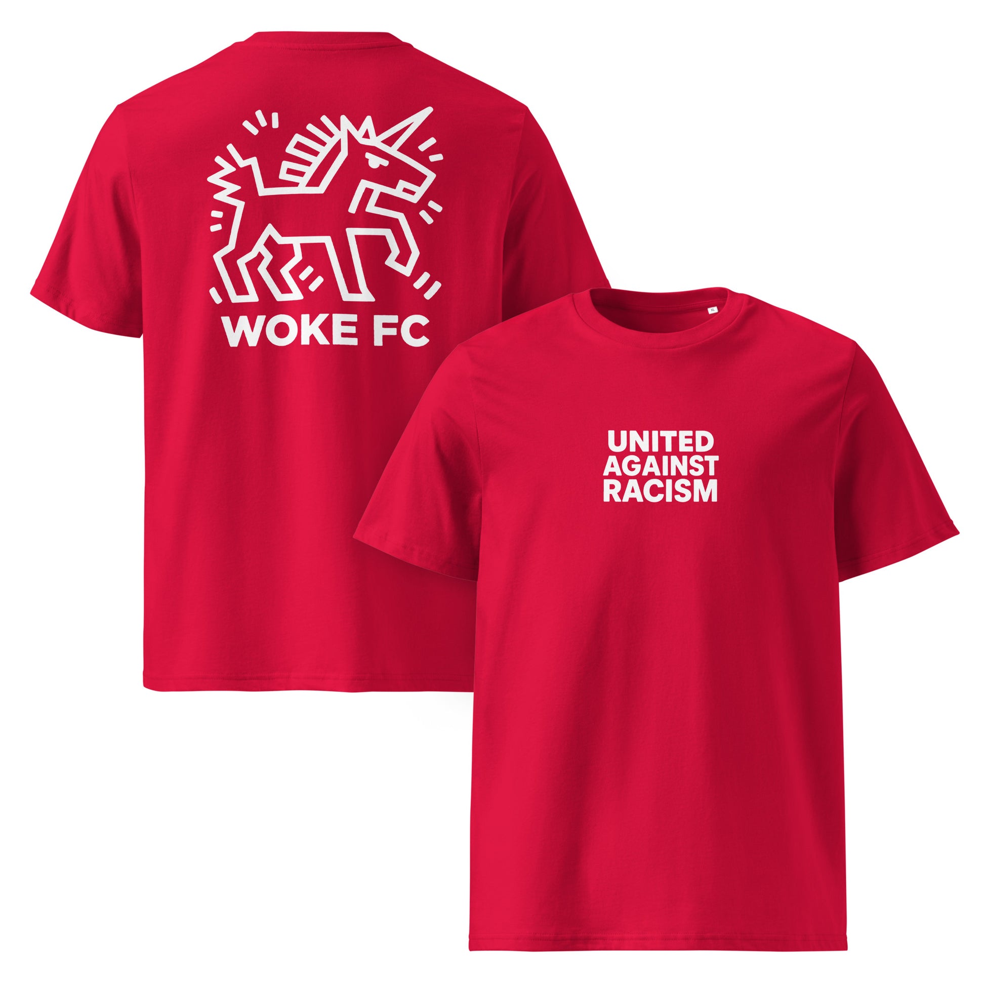 Red Woke United Against Racism organic cotton t-shirt by Woke FC — front and back double view