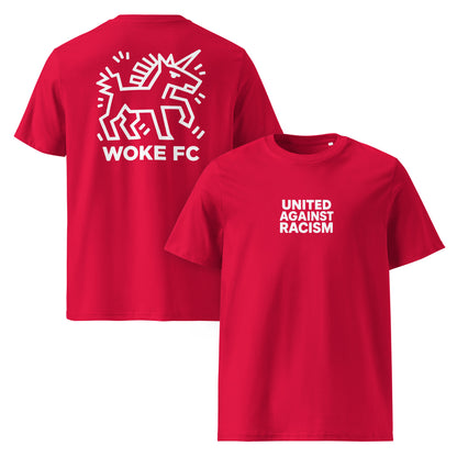 Red Woke United Against Racism organic cotton t-shirt by Woke FC — front and back double view