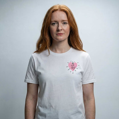 We Love Curves organic cotton t-shirt worn — lifestyle front view showing body-positive slogan by Woke FC