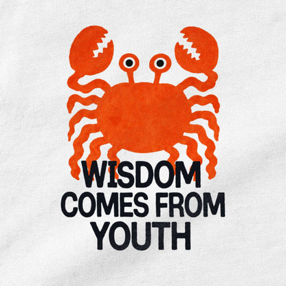 Close-up of wise crab graphic motif on Wisdom comes from Youth organic cotton t-shirt — Woke FC