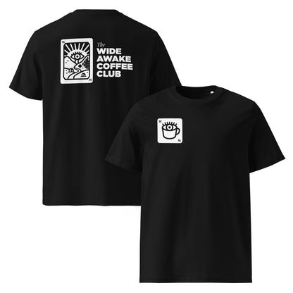 Wide Awake Coffee Club organic cotton t-shirt by Woke FC — double-sided view showing front and back print