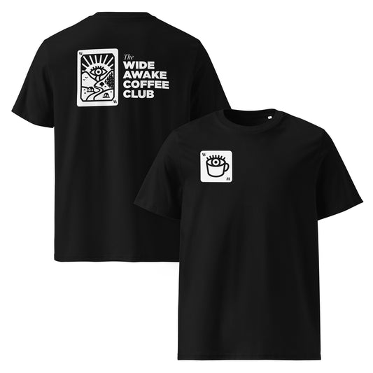 Wide Awake Coffee Club organic cotton t-shirt by Woke FC — double-sided view showing front and back print