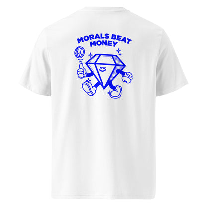 Broke but Woke (FC) organic cotton unisex t-shirt by WOKE FC, lucky diamond with message morals beat money