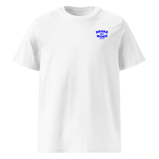Broke but Woke (FC) organic cotton unisex t-shirt by WOKE FC, sustainable woke football streetwear with front and back print