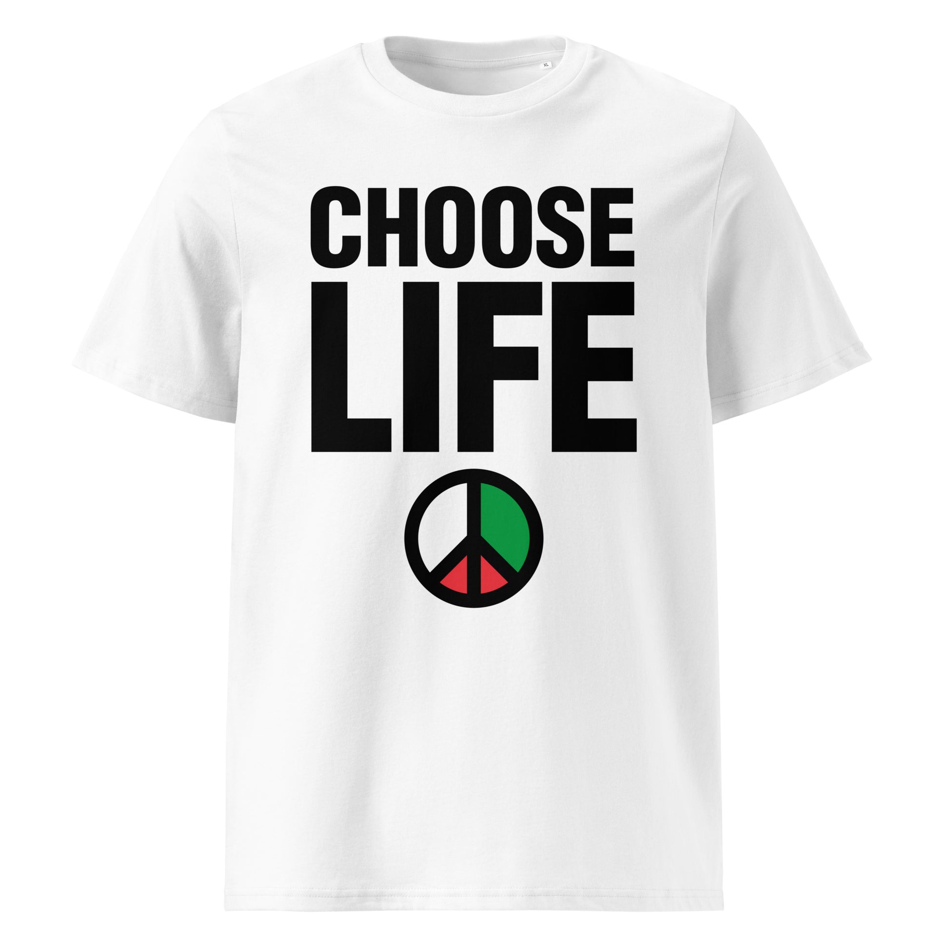 Choose Life – Peace for Palestine organic cotton unisex t-shirt by WOKE FC, pro-peace activist football streetwear