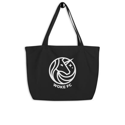 Front view of large organic cotton WOKE FC unicorn tote bag