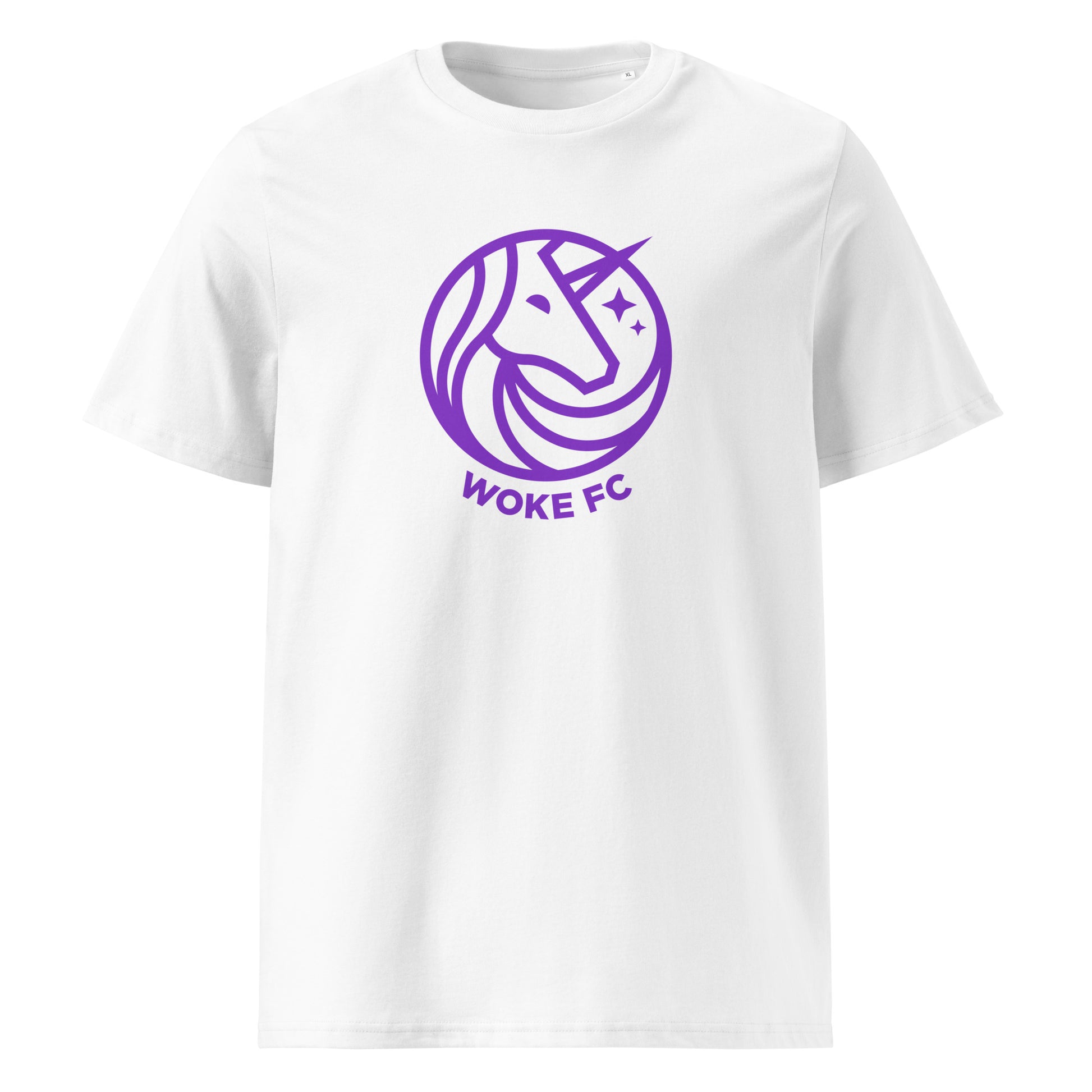 Woke FC Unicorn Badge organic cotton unisex t-shirt, football club style crest with unicorn mascot
