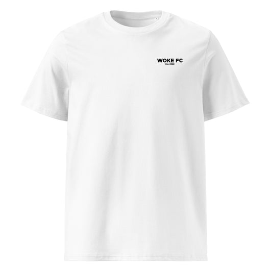 Woke Whistle organic cotton unisex t-shirt by WOKE FC, football whistle graphic for fair play and justice