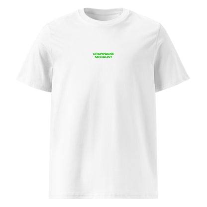 Woke Champagne Socialist organic cotton unisex t-shirt by WOKE FC, playful political slogan streetwear