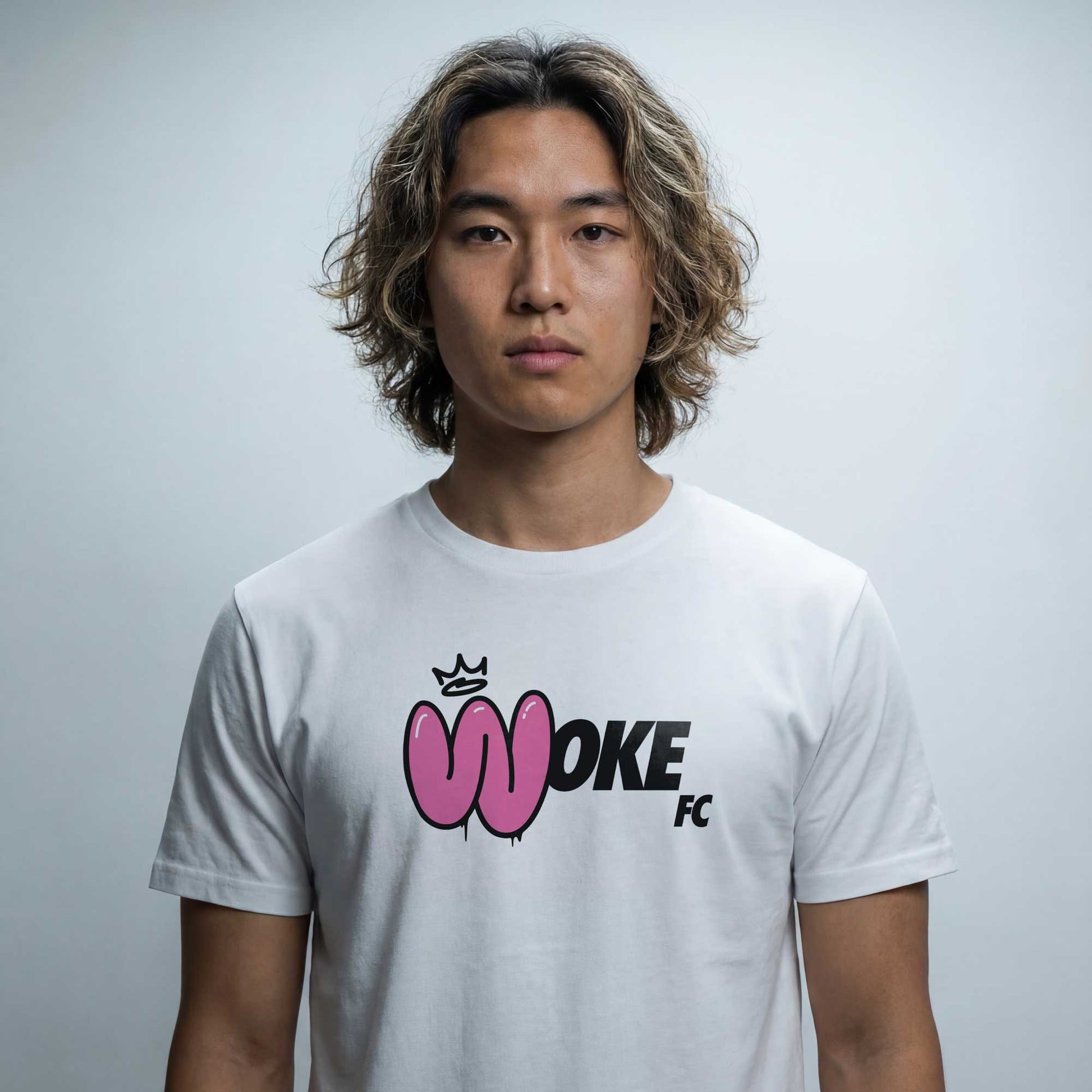 Woke Graffiti Throw-up white organic cotton t-shirt — lifestyle shot worn by Woke FC