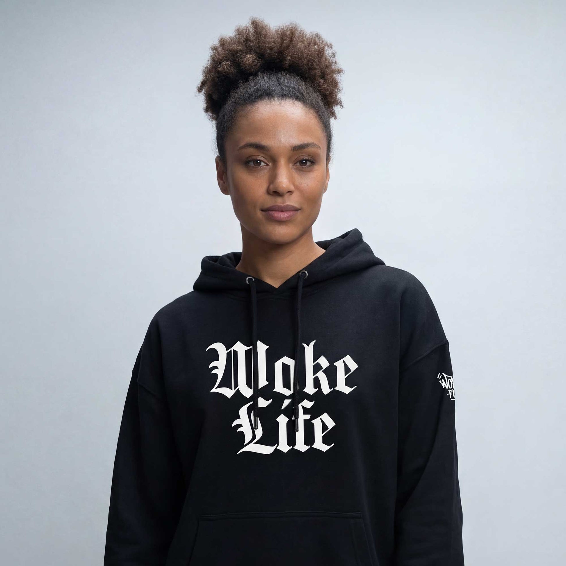 Woke Life black organic cotton hoodie by Woke FC — full product view
