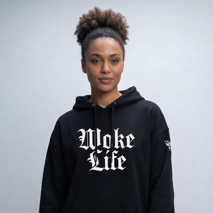 Woke Life black organic cotton hoodie by Woke FC — full product view