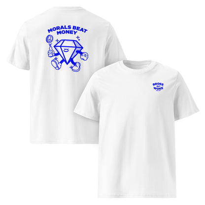 Broke but Woke FC black organic cotton t-shirt — double view showing Morals Beat Money front and back print