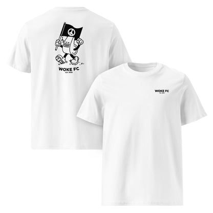 Black Woke Whistle organic cotton t-shirt by Woke FC — front and back double view